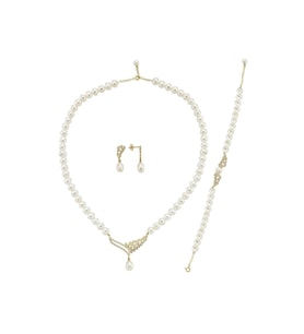 Yaprak Taşlı Doğal İnci Küpe Kolye Bileklik Üçlü Set (Sarı)