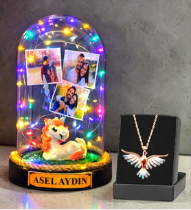 Sizlere Özel Renkli Led Işıklı Fanus ve Renkli Zümrüdü Anka Kuşu Kolye (Model 6)