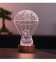 Paraşütçü Ayı Figürlü Dekoratif Hediye Led Masa Lambası 7 Işık Rengi Ahşap Taban