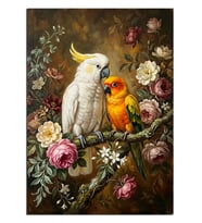 Çiçekli Dalda Beyaz Kakadu ve Turuncu Kuş Dekoratif Kanvas - Mdf Ahşap Tablo