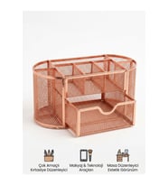 Çok Bölmeli Metal Masaüstü Kalemlik ve Organizer, Rose Gold Düzenleyici