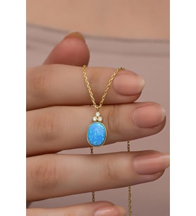925 Ayar Gümüş Gold Kaplama Oval Mavi Opal Taşlı  Kolye