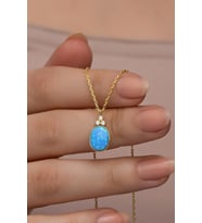 925 Ayar Gümüş Gold Kaplama Oval Mavi Opal Taşlı  Kolye