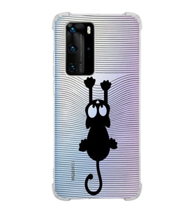 Huawei P40 Pro  Köşe Korumalı Antişok Kapak Çizgi Kedi (Siyah) Tasarımlı Şeffaf Kılıf