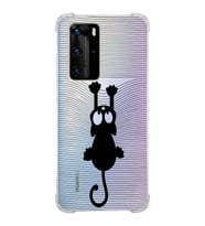 Huawei P40 Pro  Köşe Korumalı Antişok Kapak Çizgi Kedi (Siyah) Tasarımlı Şeffaf Kılıf