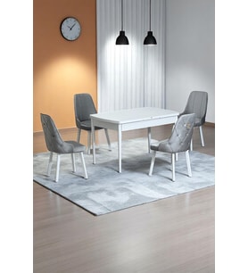 Monera Beyaz 80 x 132 Açılabilen Sunta Masa Metal Ayaklı Mutfak Masası Takımı 4 Gri Sandalye