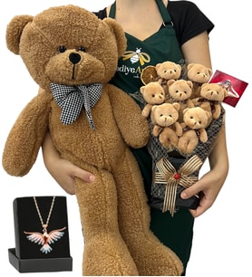 Fotoğraflı 7'li Peluş Ayıcık Buketi, Renkli Anka Kuşu Kolye ve Kahverengi Peluş Ayıcık (Model 4)
