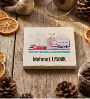 Kişiye Özel Fen ve Teknoloji Öğretmeni Bardak Altlığı Öğretmenler Günü Hediyesi (Krem)