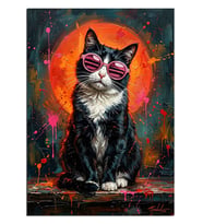 Pembe Gözlüklü Siyah Kedi Grafiti Dekoratif Kanvas - Mdf Ahşap Tablo