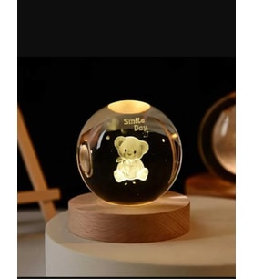 3D Kristal Cam Küre Ahşap Kaideli Gece Lambası - Ayıcık