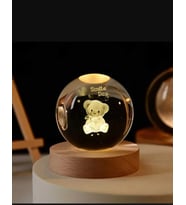 3D Kristal Cam Küre Ahşap Kaideli Gece Lambası - Ayıcık