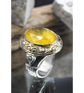 Sarı Paraiba Taşlı Yanları Işlemeli Oval 925 Ayar Gümüş Erkek Yüzük