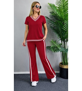 Kadın Kısa Kollu V Yakalı Viskon Iki Iplik Bluz Ve Pantolon Ikili Takım
