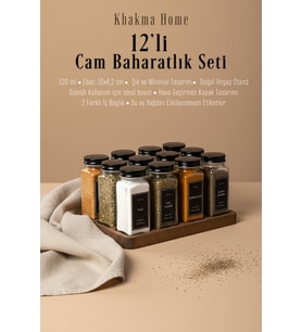 Ahşap Standlı 12'li Cam Baharatlık Seti  120 ml  Siyah Kapak ve Siyah Etiketli  Minimal Tasarım