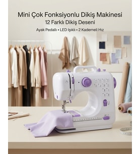 Lexroo 12 Farklı Dikiş Desenli Mini Dikiş Makinesi Ayak Pedallı LED Işıklı Ev Tipi Kullanım