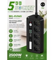 5’li Akım Korumalı Priz 2500w 2 Usb + 2 Type-c Hızlı Şarj Led Gece Lambalı Dokunmatik Siyah