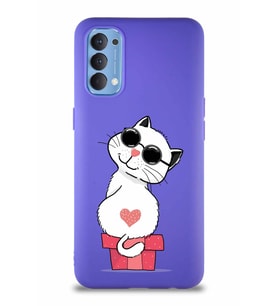 Oppo Reno 4 Soft Premier Kapak Coolcat Tasarımlı Silikon Kılıf - Mor (Şeffaf)