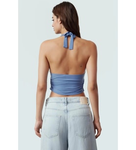 Vücuda Oturan Boyundan Bağlamalı Crop Bluz Polyester Elastan Sandy Dokuma Yüksek Kalite