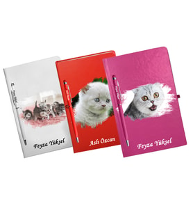 Kişiye Özel Kedi Tasarımlı Üçlü Defter Kalem Hediye Seti