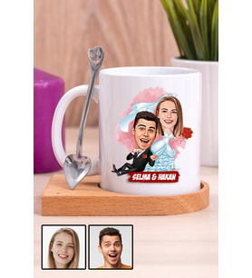 Eşe İlginç Hediye Evlilik Temalı Karikatürlü Ahşap Altlıklı Beyaz Kupa Bardak