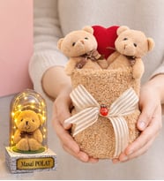 Kahve Premium Peluş Ayıcık Buketi ve Size Özel Işıklı Ayıcıklı Fanus