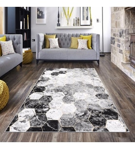 Gri Altıgen Desenli Yıkanabilir Kaymaz Taban Leke Tutmaz Modern Salon Halısı ve Yolluk (Koyu Gri)