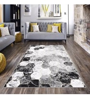 Gri Altıgen Desenli Yıkanabilir Kaymaz Taban Leke Tutmaz Modern Salon Halısı ve Yolluk (Koyu Gri)
