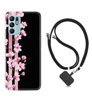 Oppo Reno 6 Kılıf Resimli Boyun Askılı İpli Desenli Silikon Pink Flowers 3 1393
