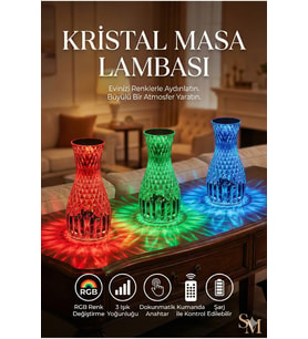 RGB Kristal Masa Lambası, 16 Renk ve 4 Mod, Dokunmatik Kontrol (Krem)