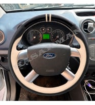 Ford Fusion Dikme Direksiyon Kılıfı Parlak Siyah Bej Detaylı Bej Çift Yüzük ve Dikiş 2006-2012