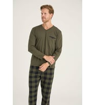 %100 Pamuk Erkek Midi Yaka Pijama Takımı Konforlu Uyku (Haki)