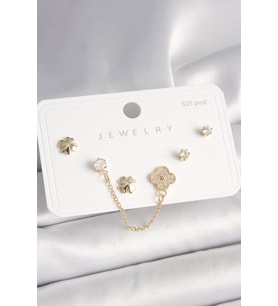 925 Ayar Gümüş Çivi Pirinç Gold Renk Zirkon Taşlı Yonca Model Sallantı Zincir Detay Kadın Küpe Seti - TJ-BKP10401