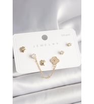 925 Ayar Gümüş Çivi Pirinç Gold Renk Zirkon Taşlı Yonca Model Sallantı Zincir Detay Kadın Küpe Seti - TJ-BKP10401