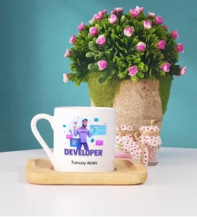 Developer Tasarımlı Kişiye Özel Hediye Developer Ahşap Altlıklı Türk Kahvesi Fincanı