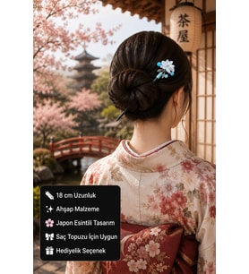 Lunara Turkuaz Boncuklu Çiçekli 18 cm Ahşap Saç Çubuğu – Zarif Topuz Aksesuarı