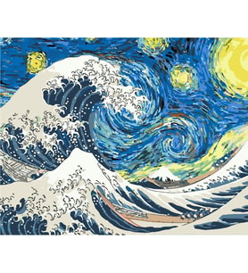 Kanagawa Dalgası Ve Yıldızlı Geceler  Sayılarla Boyama Seti 60x75 cm (Tuvale Gerili)