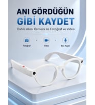 Mey İthalat® Beyaz Bluetooth Akıllı Gözlük Dahili Kameralı Fotoğraf Video Kayıt Yapay Zeka Çeviri Dokunmatik Kontrol Özellikli