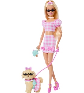 Barbie Uyumlu Dostlar Sarı Saçlı Bebek Ve Köpekçiği, Pötikare Desenli, Pembe Renkli Kıyafetler Giyen (Çok Renkli)