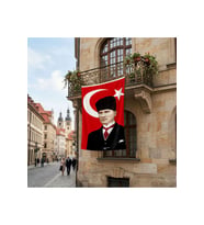 Ay Yıldız Kalpaklı Atatürk Portresi Poster Bayrak Premium Raşel Kumaş ATA43