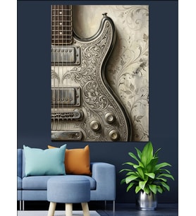 Desenli Gümüş Gövdeli Elektro Gitar Dekoratif Kanvas - Mdf Ahşap Tablo