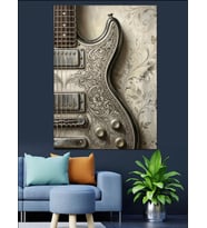 Desenli Gümüş Gövdeli Elektro Gitar Dekoratif Kanvas - Mdf Ahşap Tablo
