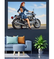 Motosikletli Pinup Kadın Posteri Dekoratif Kanvas - Mdf Ahşap Tablo