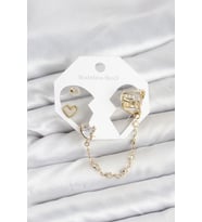 Pirinç Gold Renk Kalp Model Zincir Bağlantılı Ear Cuff Küpe Seti 5886 - SSSSSS1359-3524