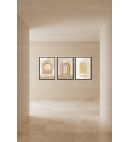 Nötr Tonlarda Minimalist Soyut Geometrik ve Kemer Motifli 3’lü Ahşap Çerçeveli Tablo Seti