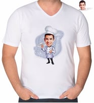 BK Gift Kişiye Özel Erkek Pizza Şefi Karikatürlü V Yaka Tişört-1 (Beyaz)
