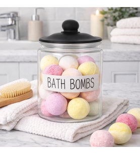 1,8 L Cam Deterjanlık Kavanoz – Amber Renk, Kapaklı “BATH BOMBS” Saklama Kabı, Çamaşır Deterjan Kapsülü ve Pod Düzenleyici