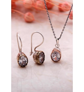 Kuvars Elişi Gümüş İkili Set 2331-Oval (Gümüş - Altın)