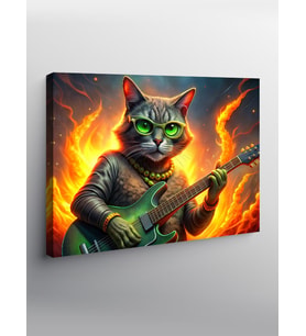 Kanvas Tablo Elektro Gitar Çalan Kedi