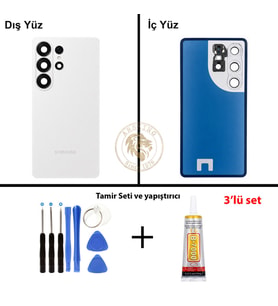 Samsung Galaxy S26 Ultra Beyaz Renk Lensli Arka Kapak + Tamir Seti + B7000 Yapıştırıcı Arka Cam Batarya Kapağı Pil Kapağı Lazer Kesim Back Cover Galaxy S26 Ultra Uyumlu