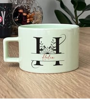 Kişiye Özel Ayçiçek H Harfli Hediye Pastel Fincan İsme Özel İsimli Yazılı (Yeşil)
